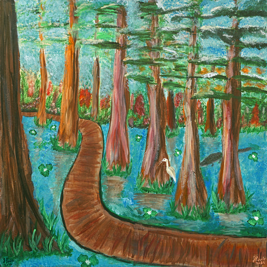 Cypress Boardwalk - Original 30x30 Acrylic Painting on a 2 Flat Canvas Board