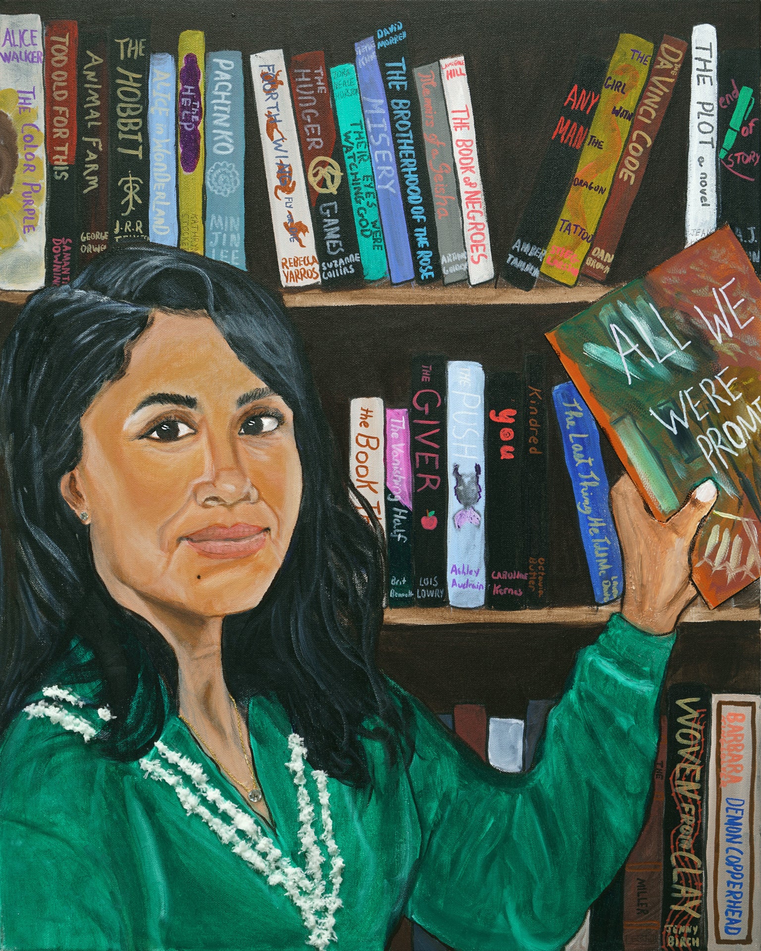 A colorful painted portrait of a woman in a green top holding a book in front of bookshelves filled with books.