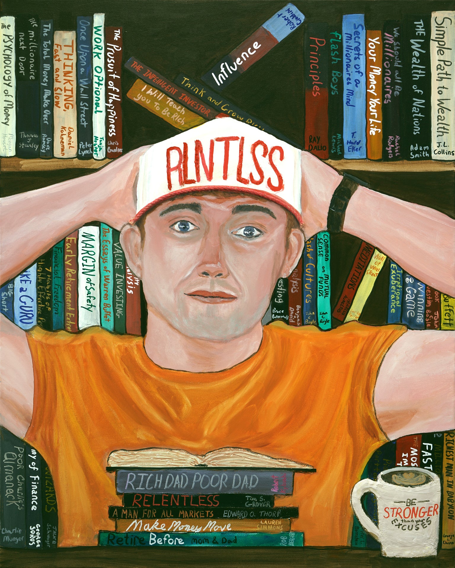 A colorful painted portrait of a man wearing an orange shirt and a white cap with red text reading 'RNTLSS', posed in front of bookshelves filled with books. 