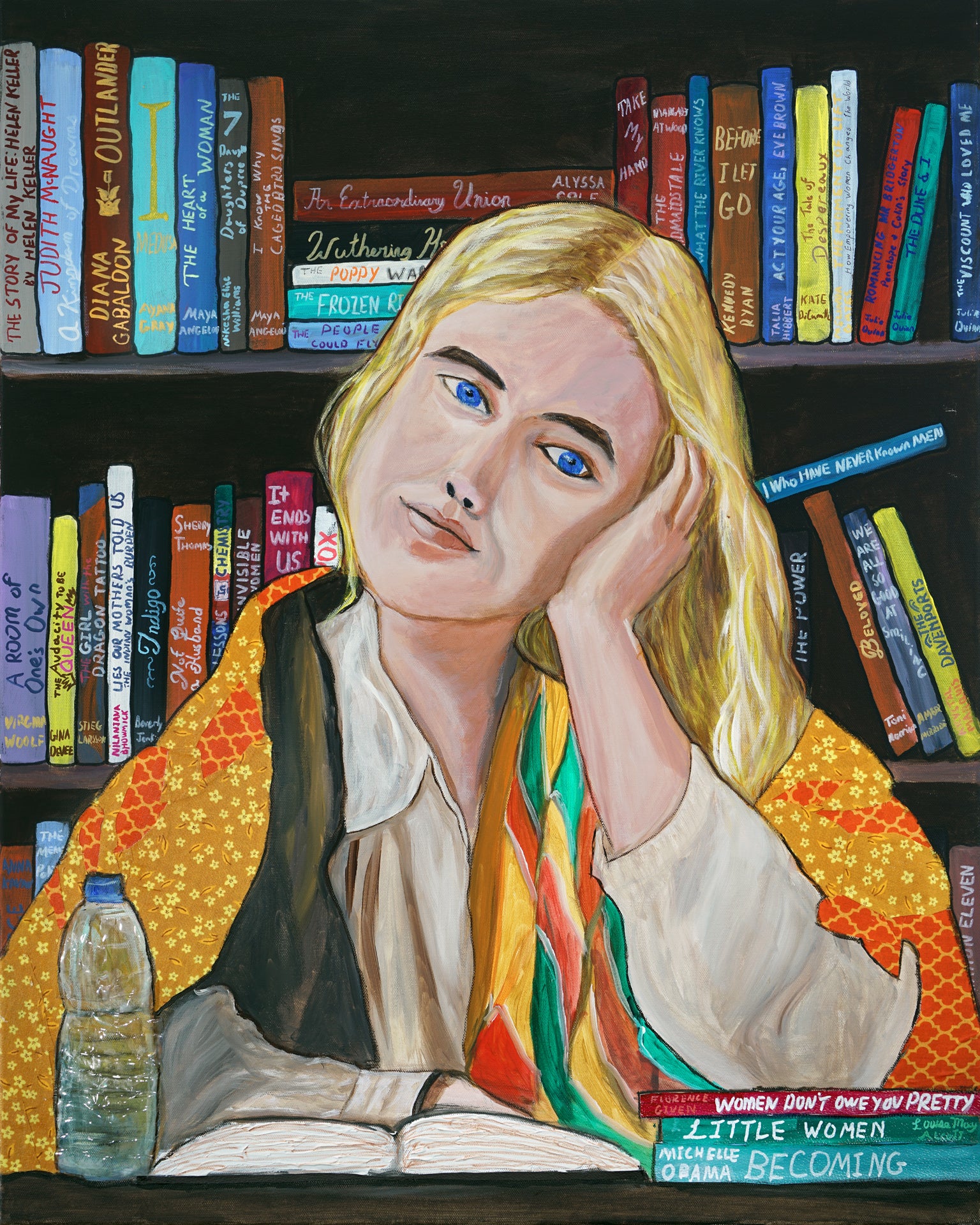 A painted portrait of a blonde woman with blue eyes resting her head on her hand, seated in front of bookshelves filled with colorful books. She wears a white shirt and a bright multicolored patterned shawl.
