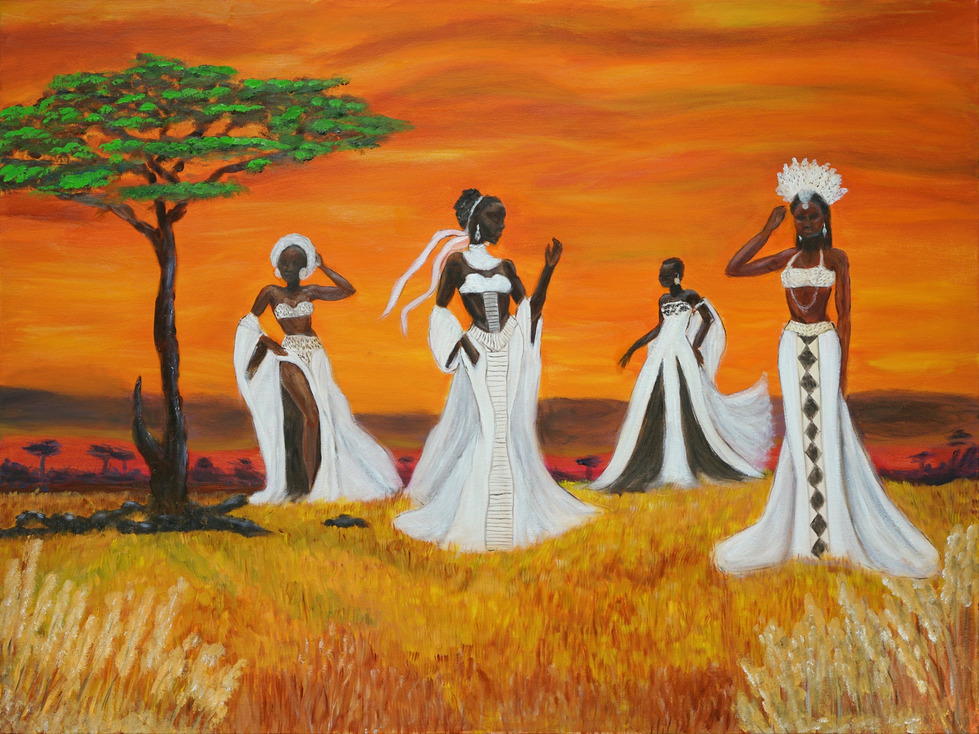 An oil painting depicting four women in flowing white dresses standing in a golden grassy field under a vibrant orange sunset sky, with a green tree on the left.