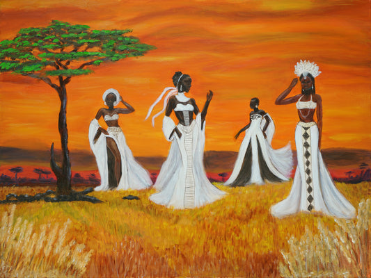 An oil painting depicting four women in flowing white dresses standing in a golden grassy field under a vibrant orange sunset sky, with a green tree on the left.