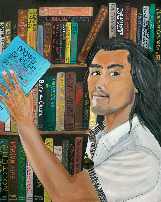 A painted portrait of a man with long dark hair reaching toward a blue book on a bookshelf filled with many colorful books. The artwork appears to be the product itself rather than a photo of a physical object in a room, so this fits Scenery per the schema for art/prints/posters where the depicted scene is the product.