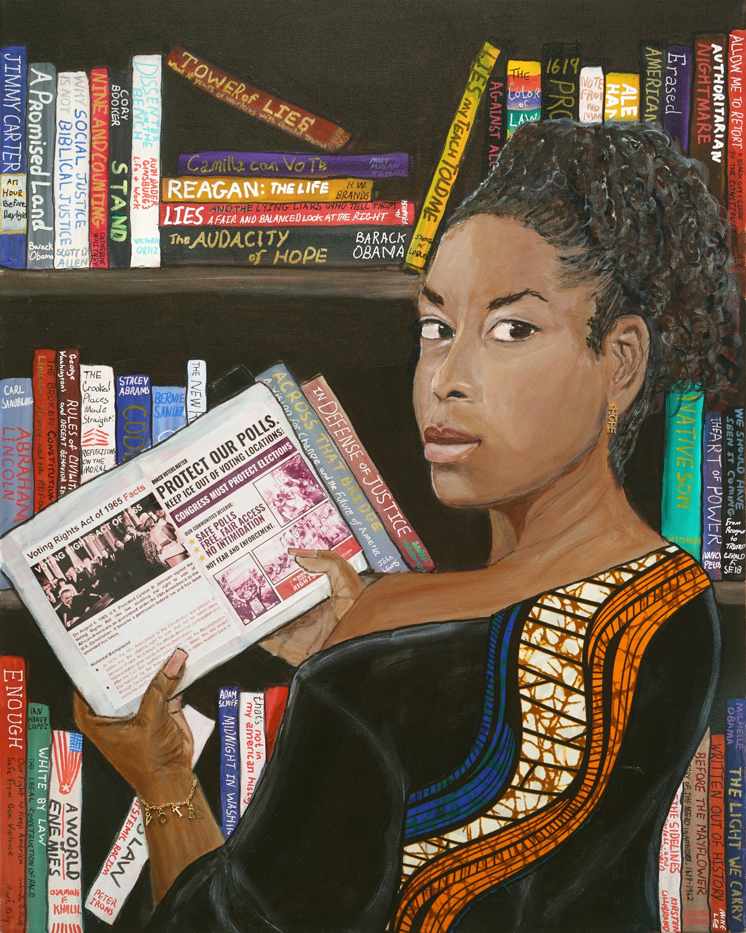 A painted portrait of a woman holding a newspaper in front of a bookshelf filled with colorful books. The artwork is multicolored, with the woman wearing a black top with orange, blue, and white patterned details.
