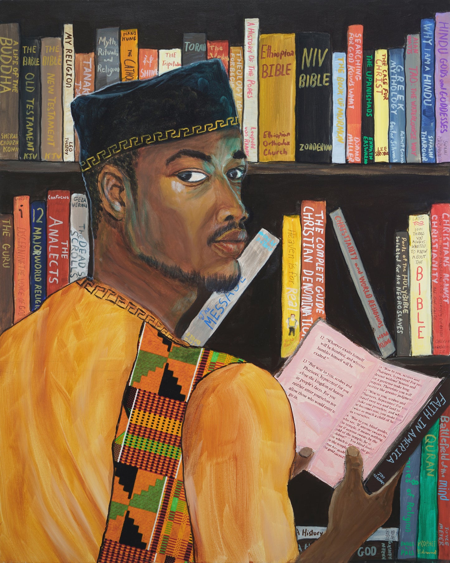 A painted portrait of a man in traditional West African clothing holding an open book, set against a background of bookshelves filled with colorful books.